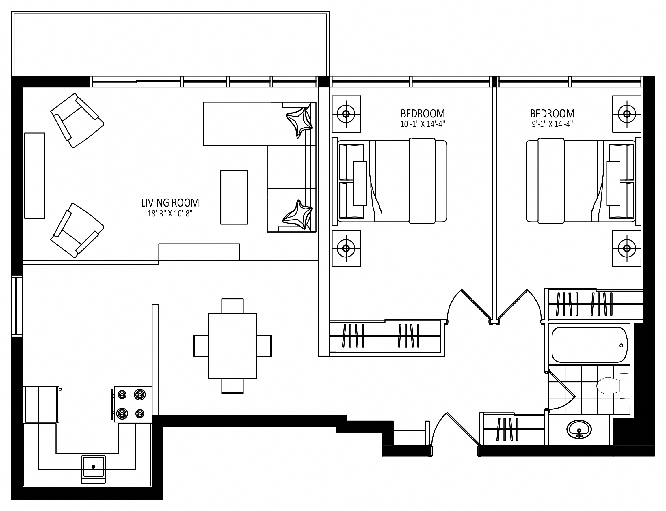 Floor plan for 2 beds, 1 bath, 905 sqft